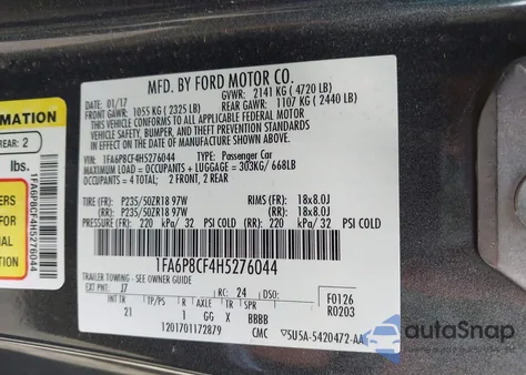 2017 Ford Mustang Gt from USA, damaged, VIN 1FA6P8CF4H5276044